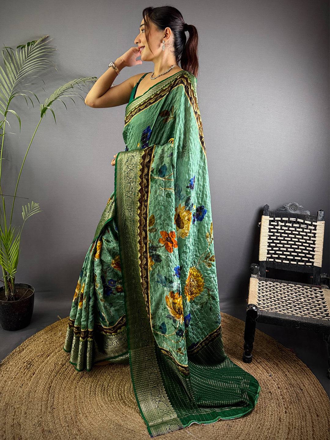 Sea Green Pure Viscose Floral Printed Saree