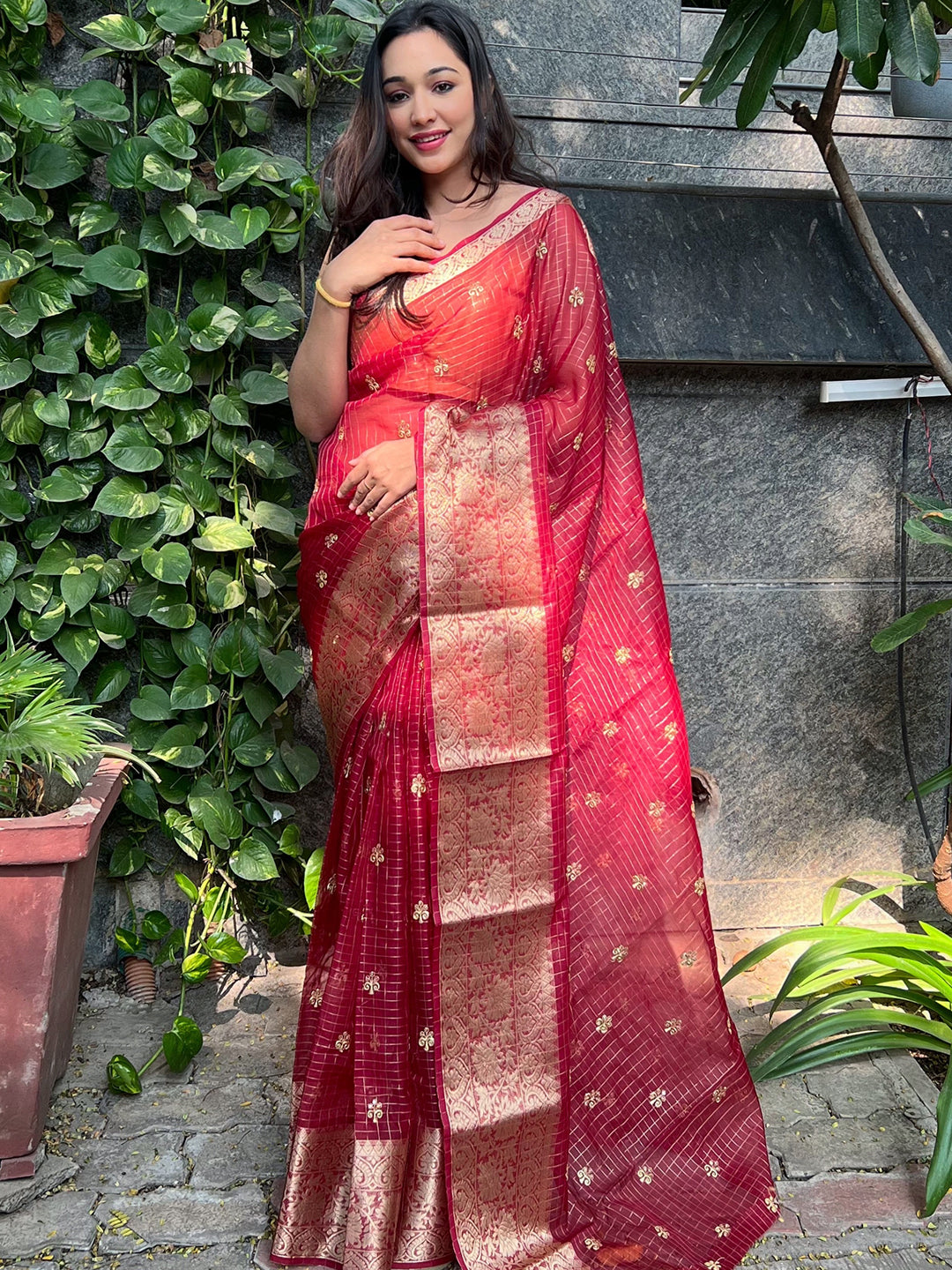 Organza Red Colour Saree With Thread Work And Zari Weaving