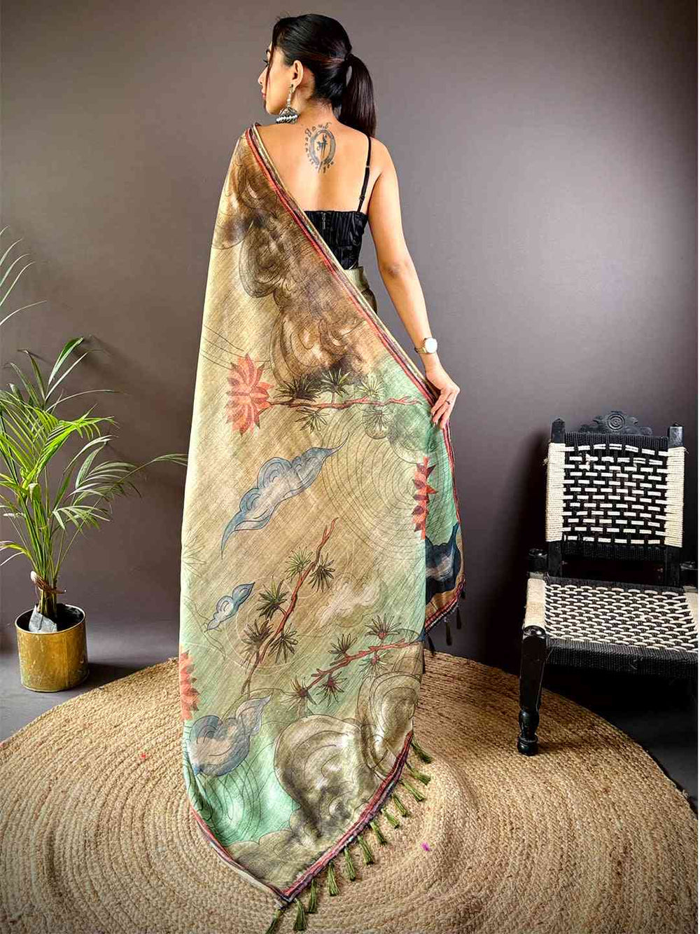 Green Tissue Chanderi Floral Abstract Saree