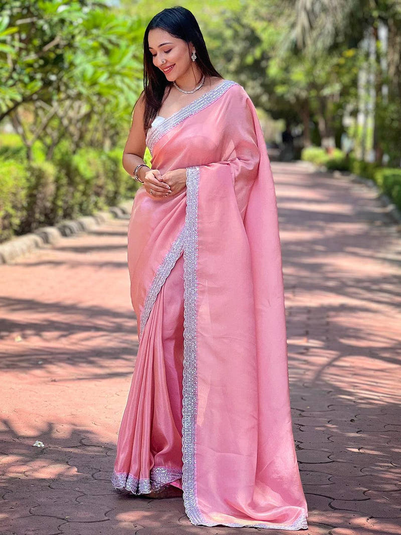 Elegant pink viscose saree with sequence cut work border