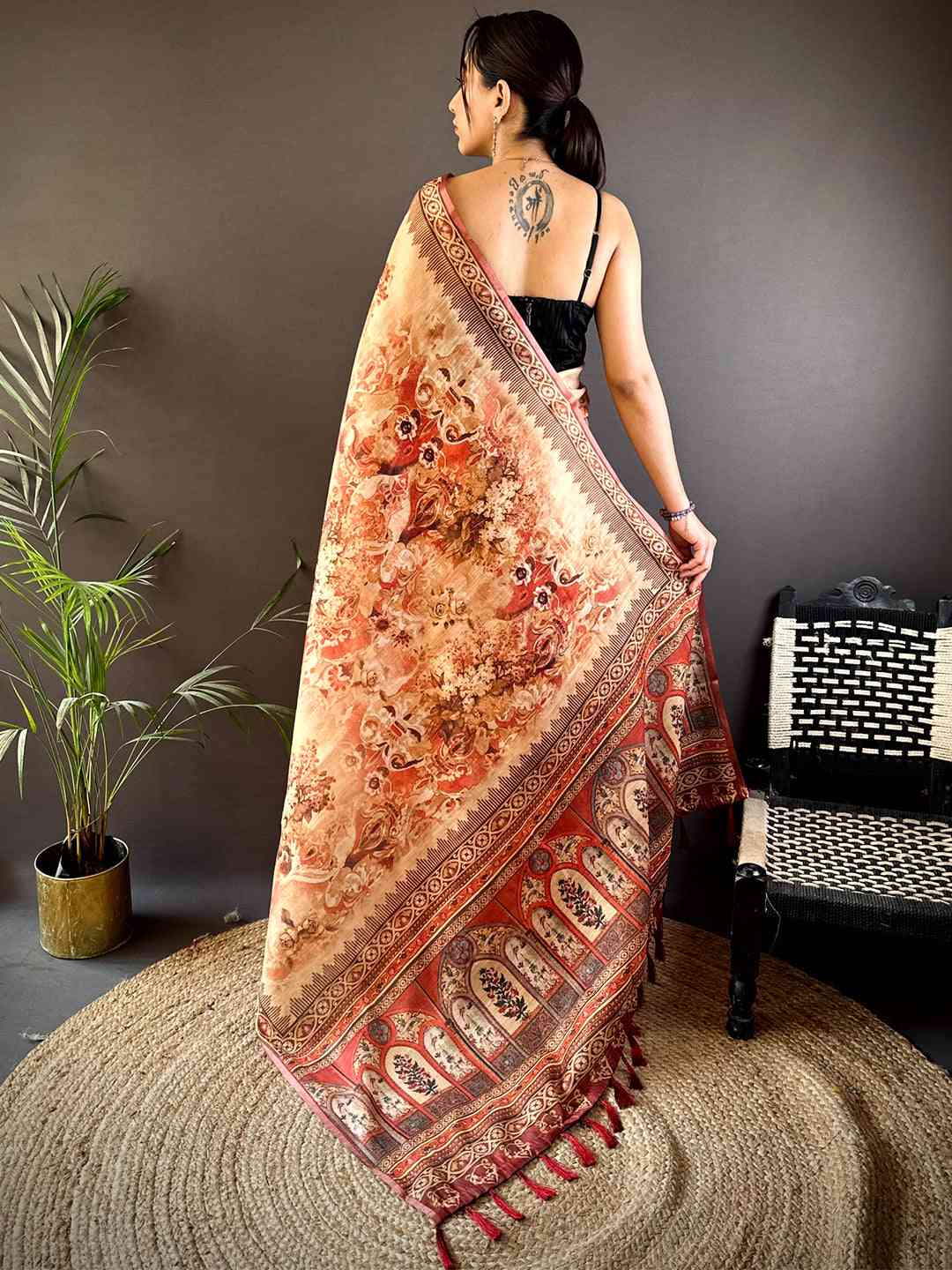 Red Tussar Blossom Saree