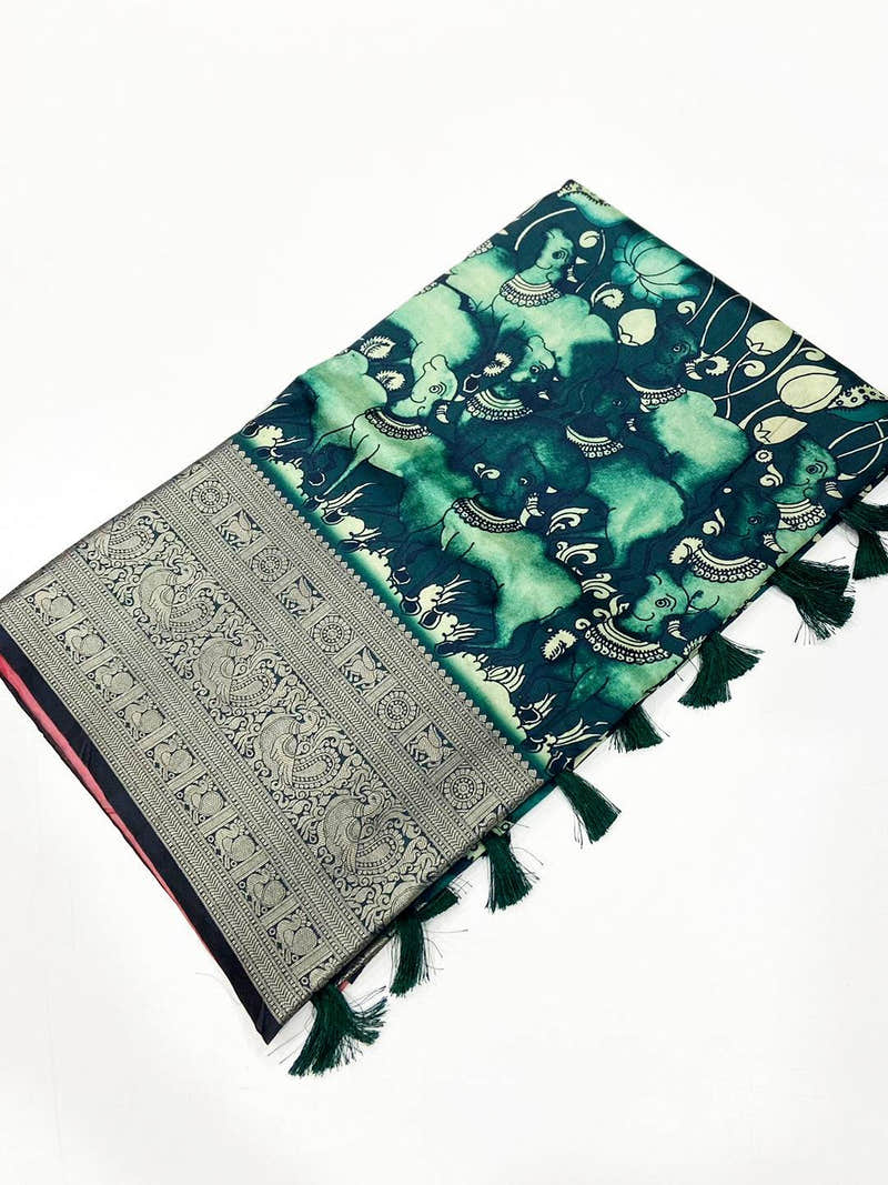 Teal Digital Kalamkari Banarasi Saree