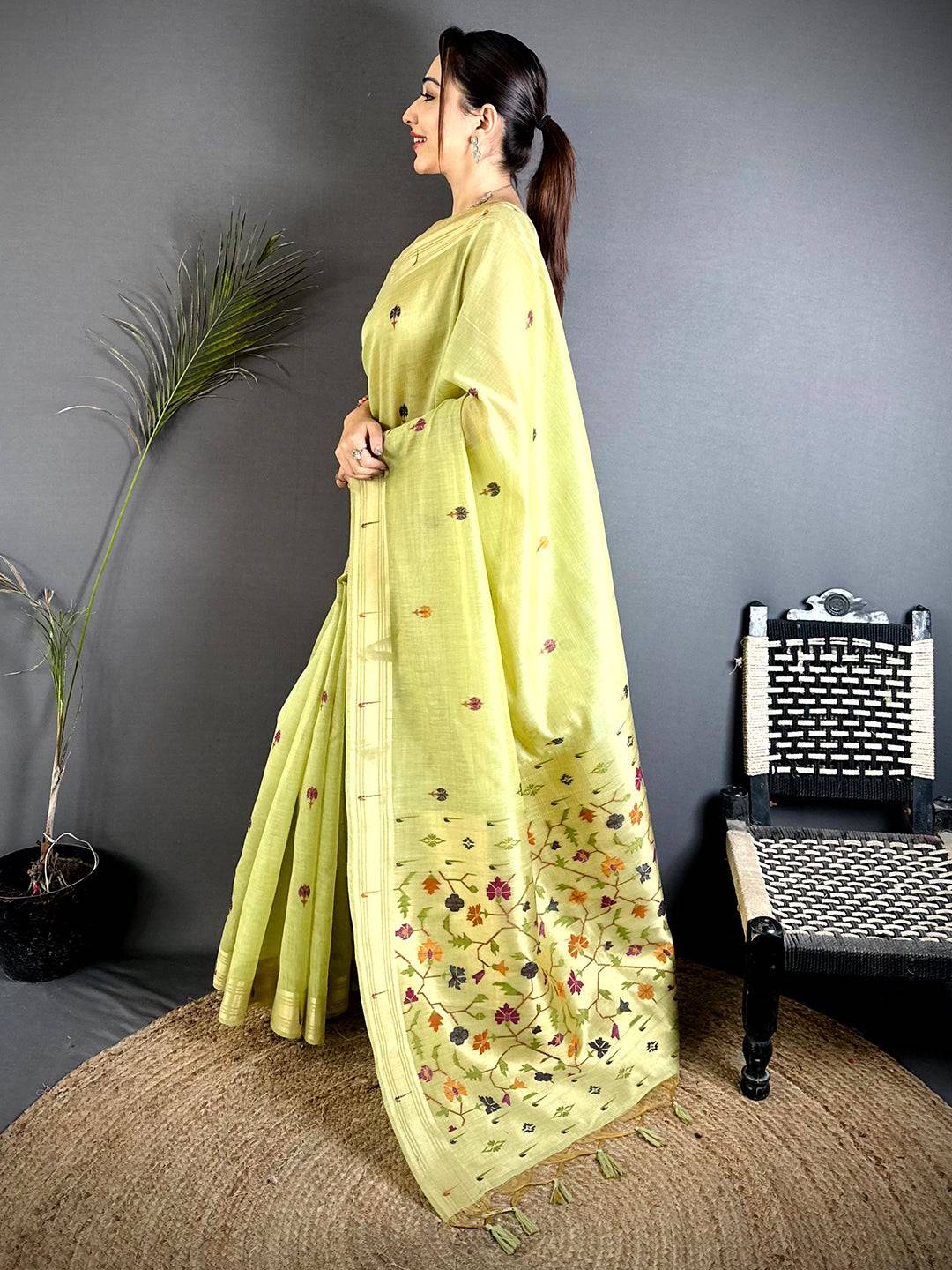 Lime Geometric Patola Khadi Linen Saree