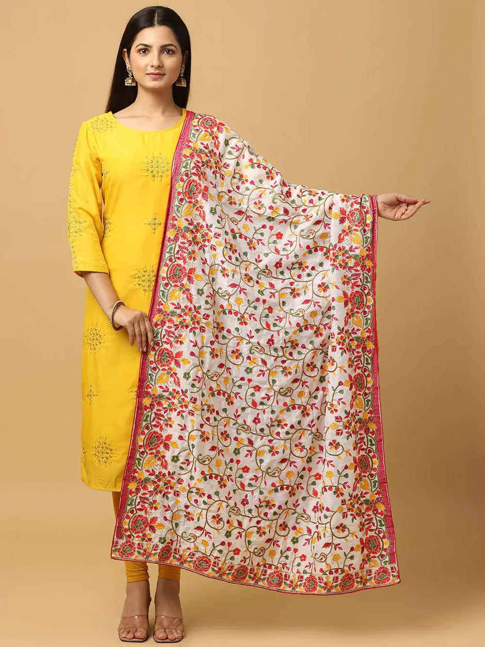 White Poly Chiffon Pashmina Dupatta with vibrant threadwork