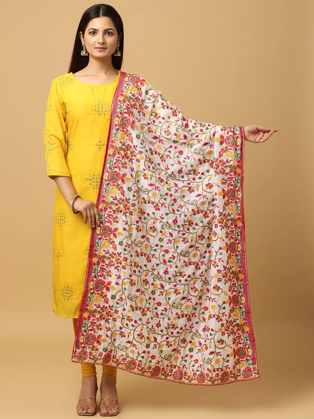 White Poly Chiffon Pashmina Dupatta with vibrant threadwork