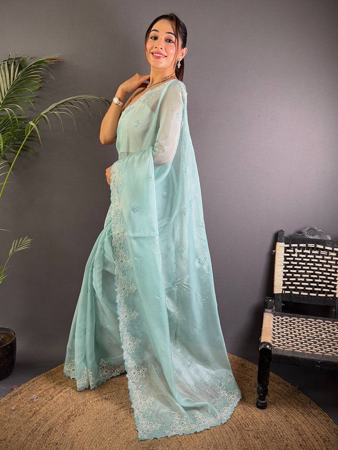 Sky Blue Art Silk Sith Embroidery Work Saree