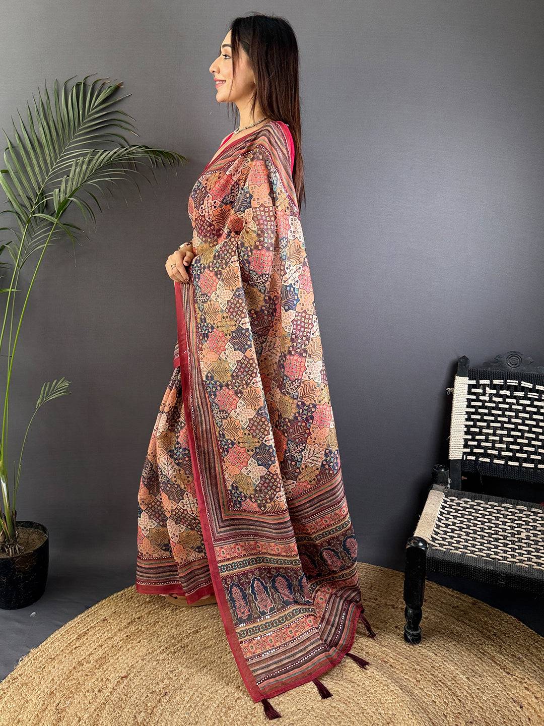 Multi Charm Mirror Work Silk Saree