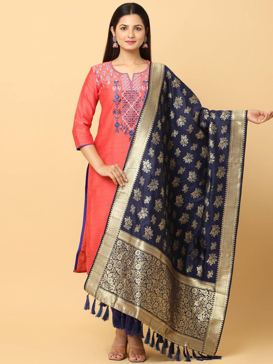 Navy silk blend dupatta with resham tassels, front view