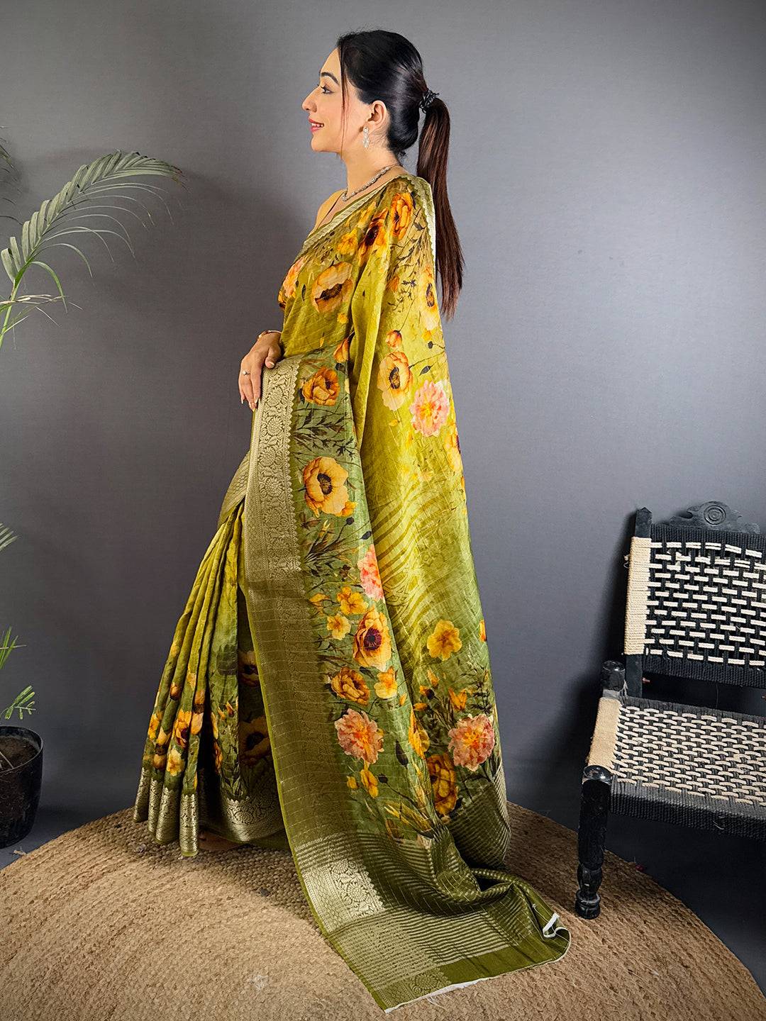Artistic Olive Green Viscose Floral Saree