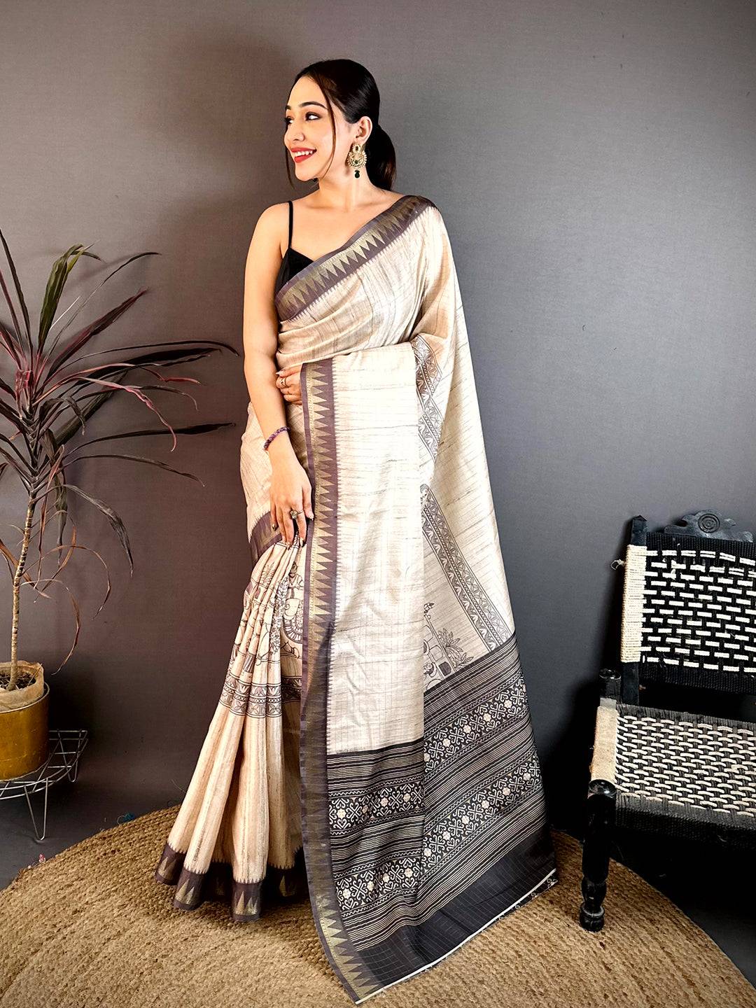 Classic Soft Tussar Madhubani Print Saree