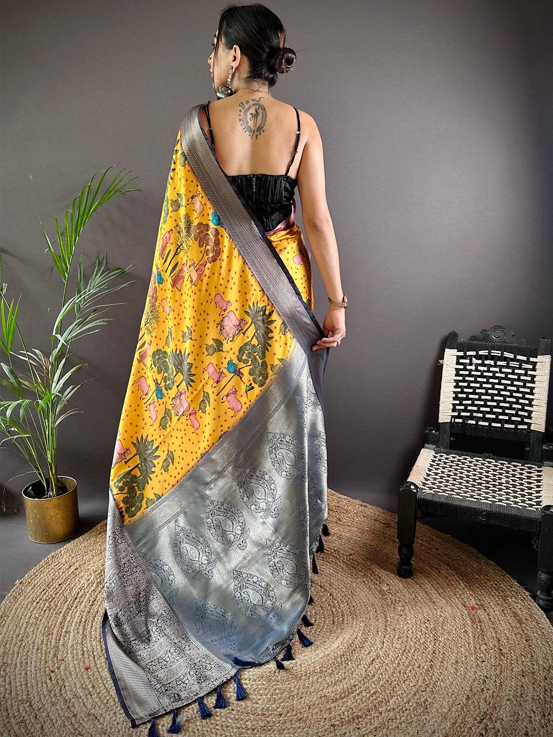 Yellow Satin Pichwai Print Saree