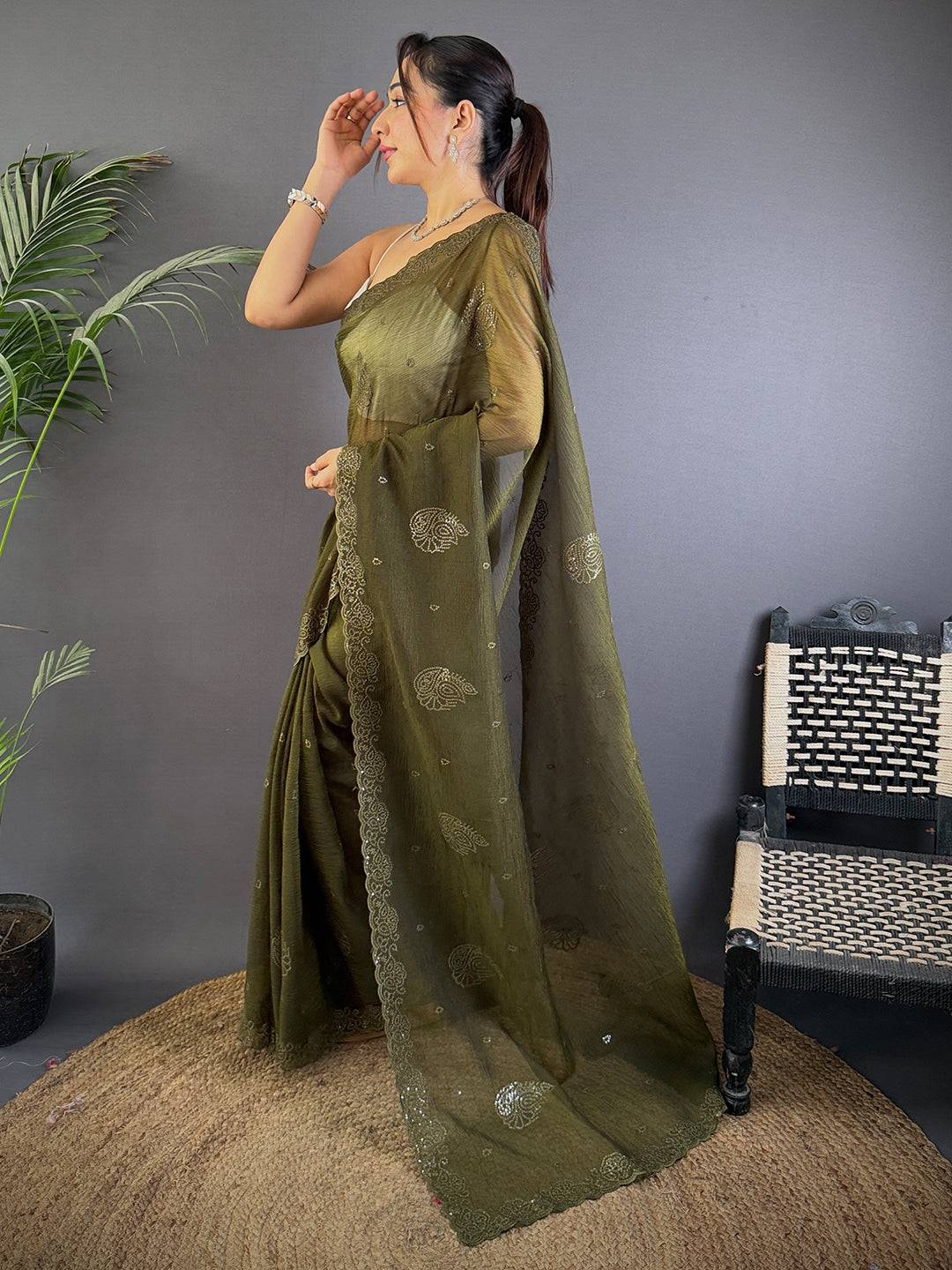 Green Art Silk Sith Embroidery Work Saree
