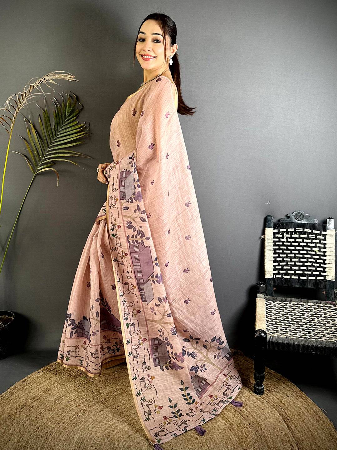 Pink Kalamkari Madhubani Print Saree