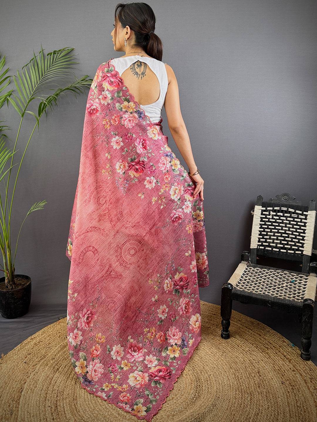 Rose Pink Kota Floral Digital Cut Work Saree