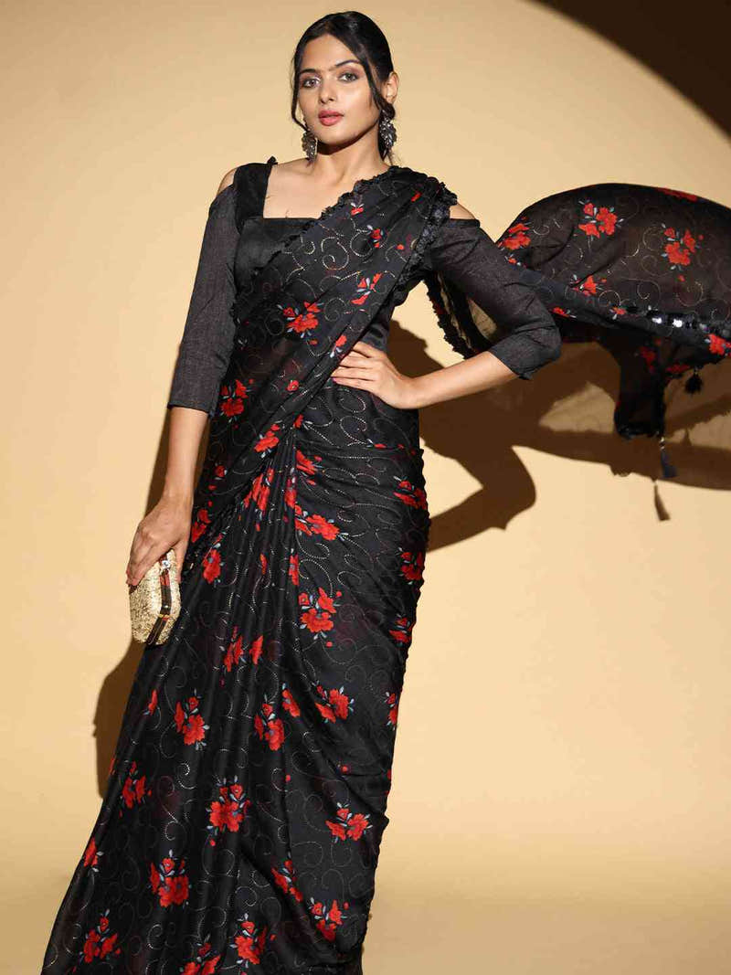 Satin Black Colour Party Wear Design Saree