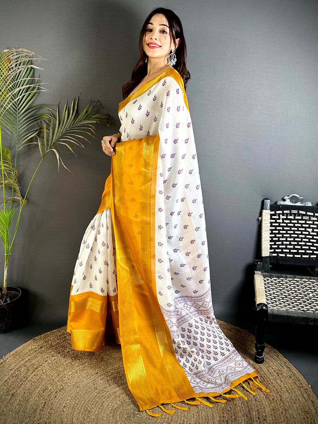 Yellow Marshmallow Ikkat Butti Saree