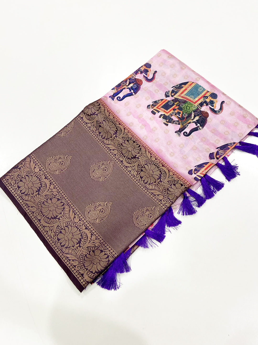 Pink Digital Elephant Motifs Banarasi Saree