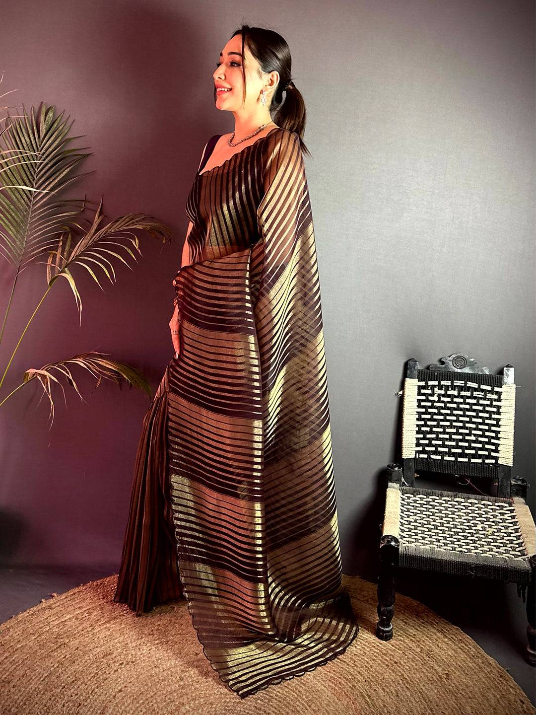 Radiant Gold Zari Striped Chiffon Saree