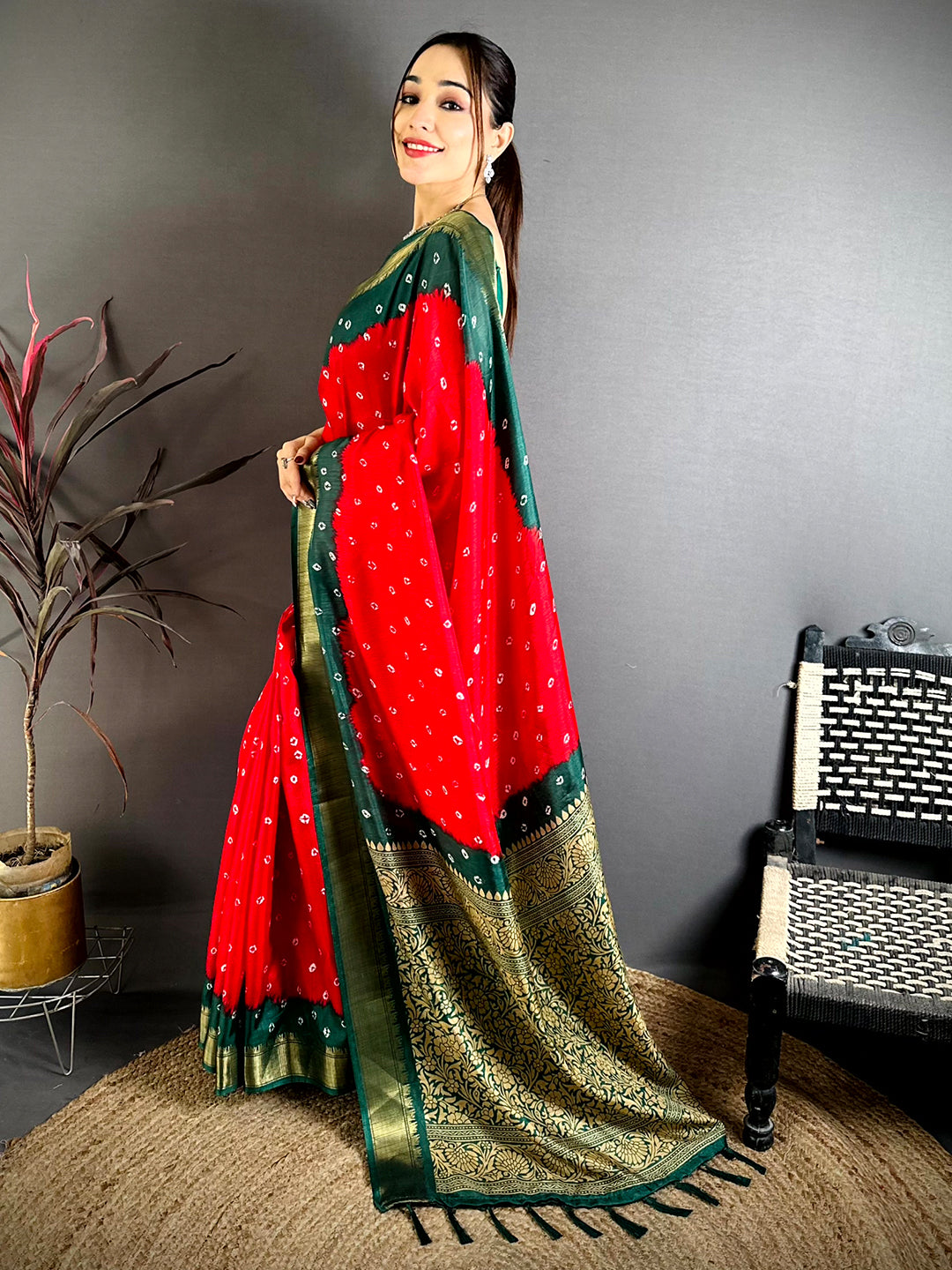 Red Bandhej Printed Dola Silk Saree