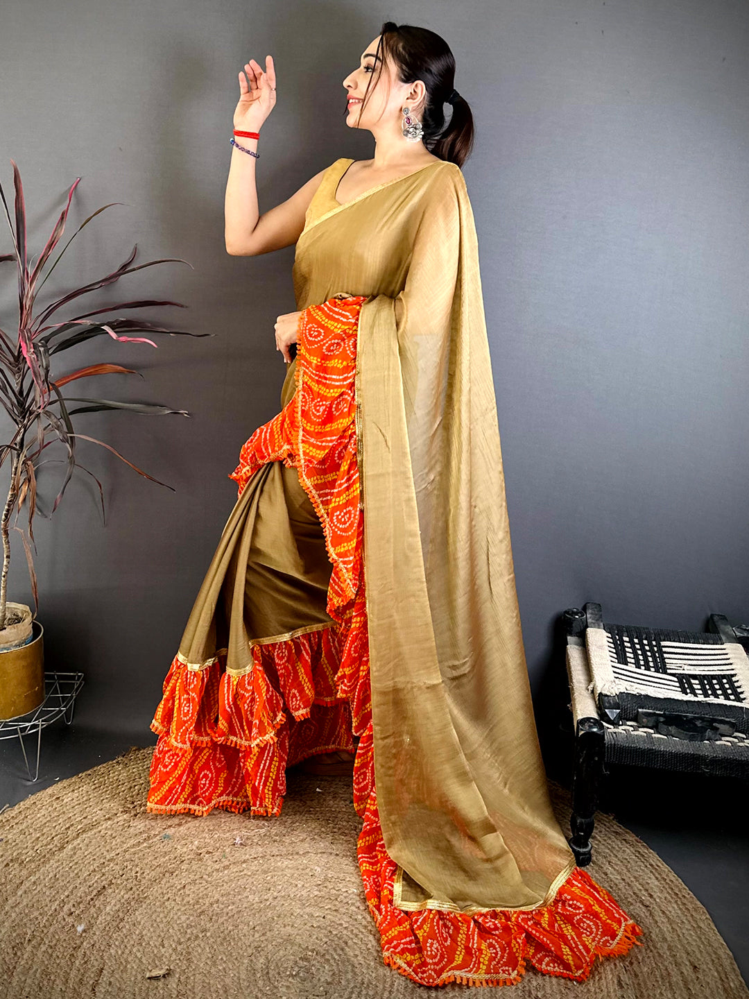Stylish Soft Chiffon Bandhej Ruffle Saree