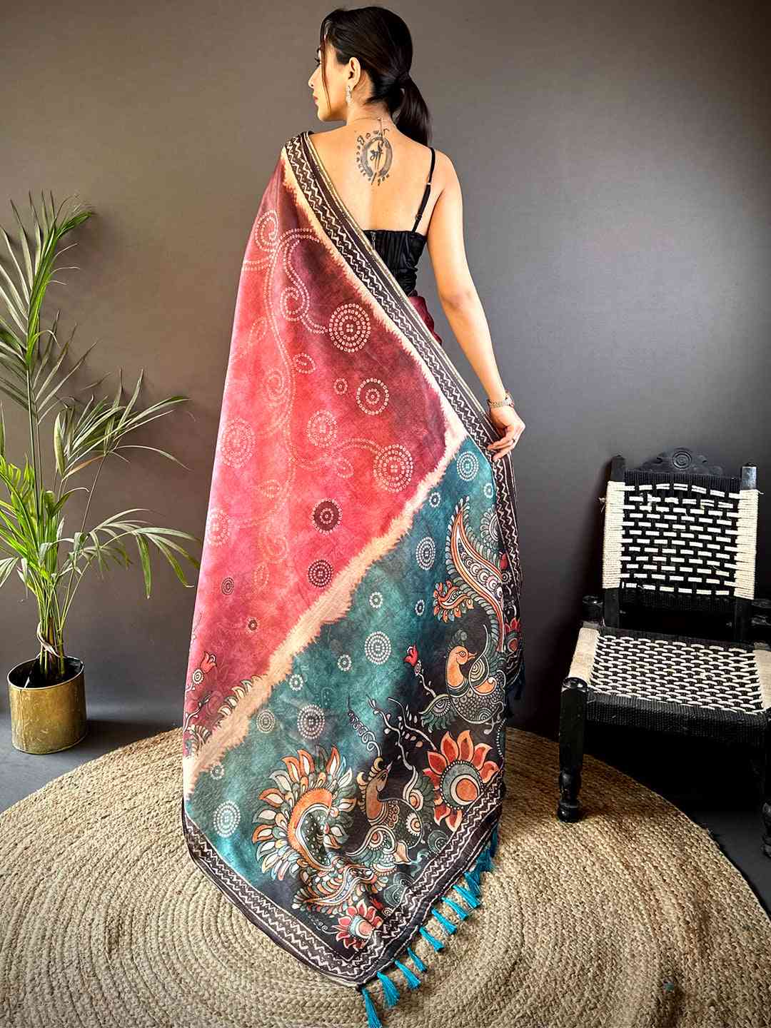 Blush Pink Kalamkari Bandhani Chanderi Saree