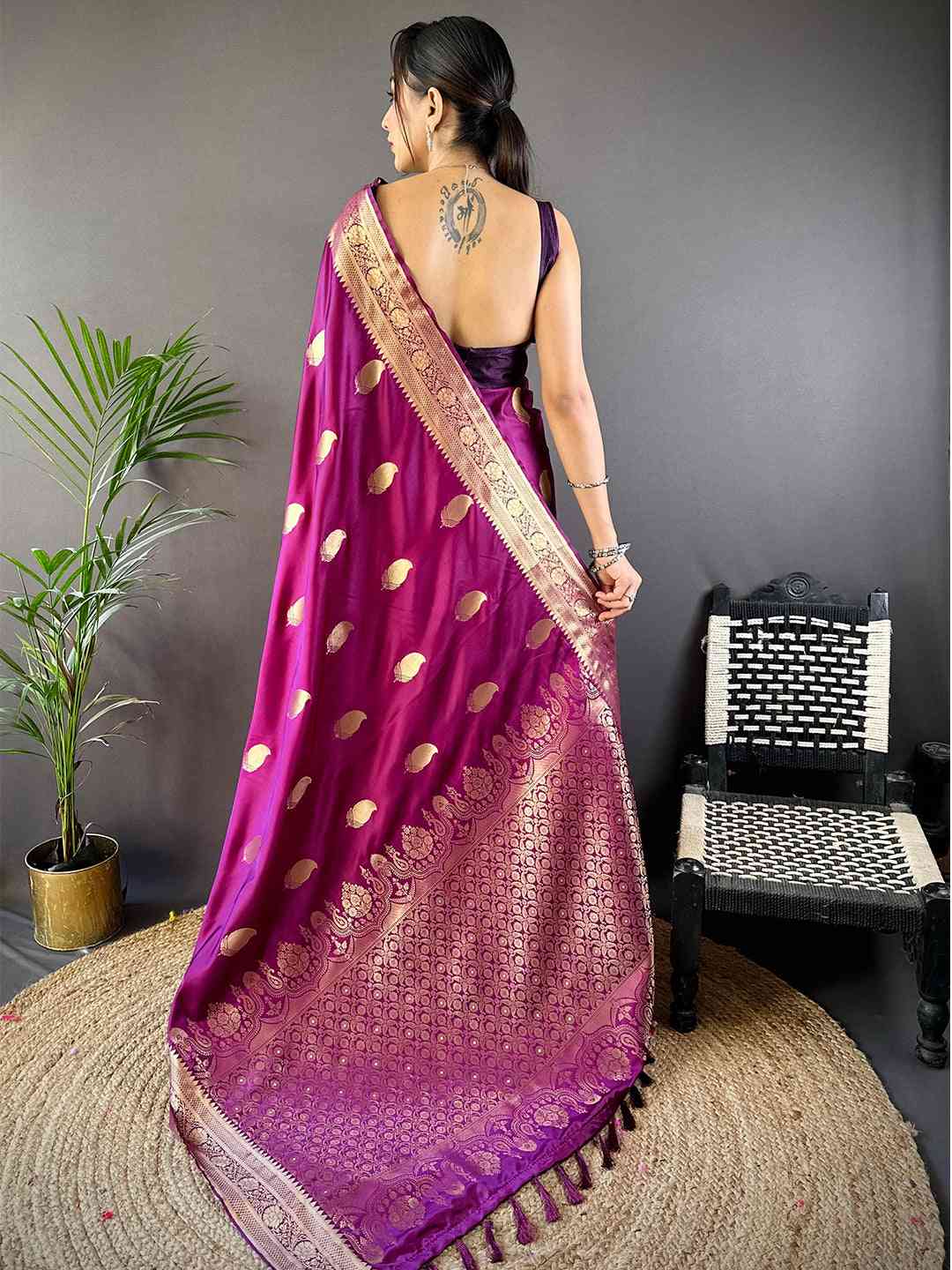 Wine Banarasi Soft Satin Masru Mango Silk Saree