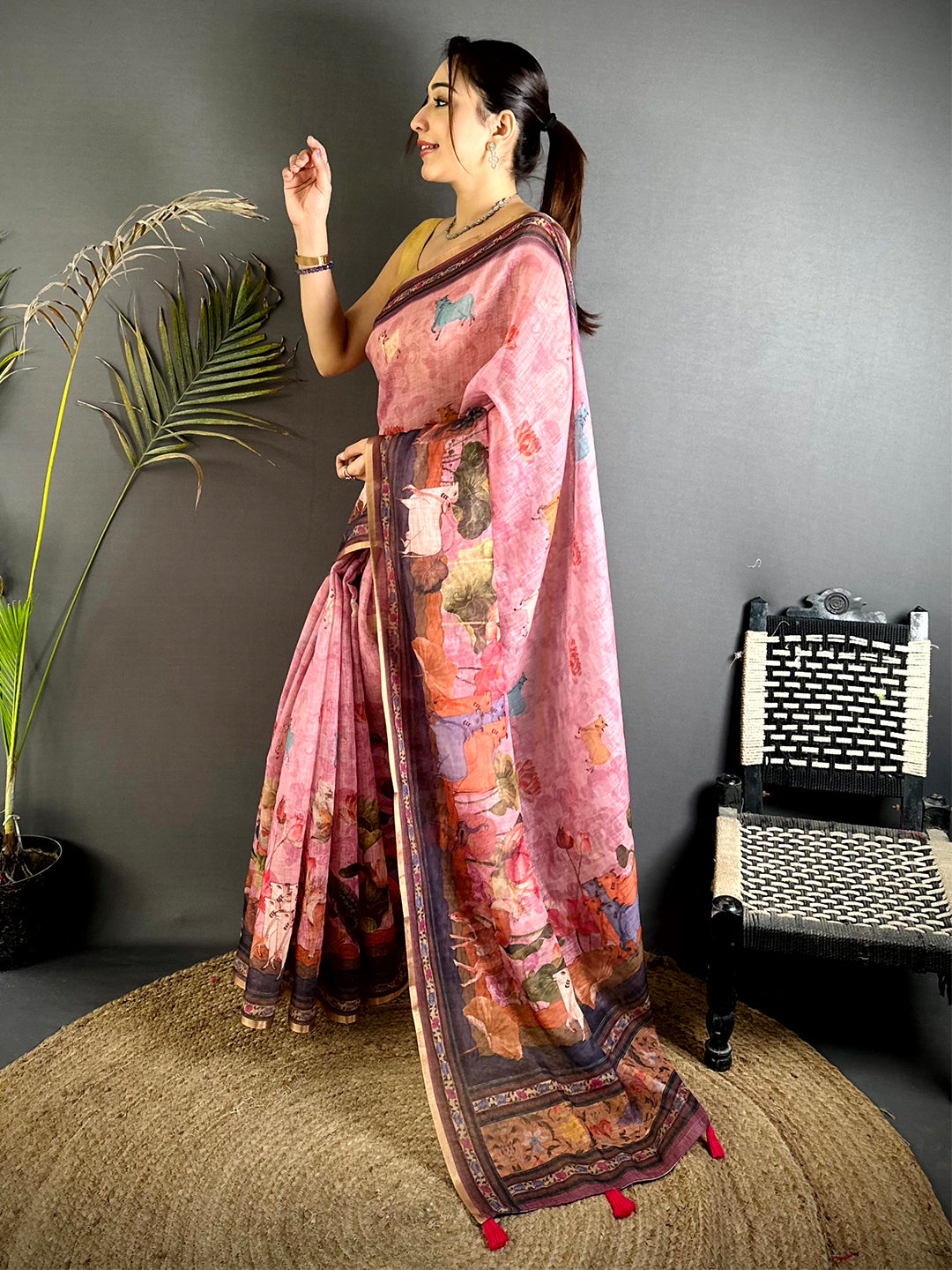 Pink Pichwai Kalamkari Linen Saree