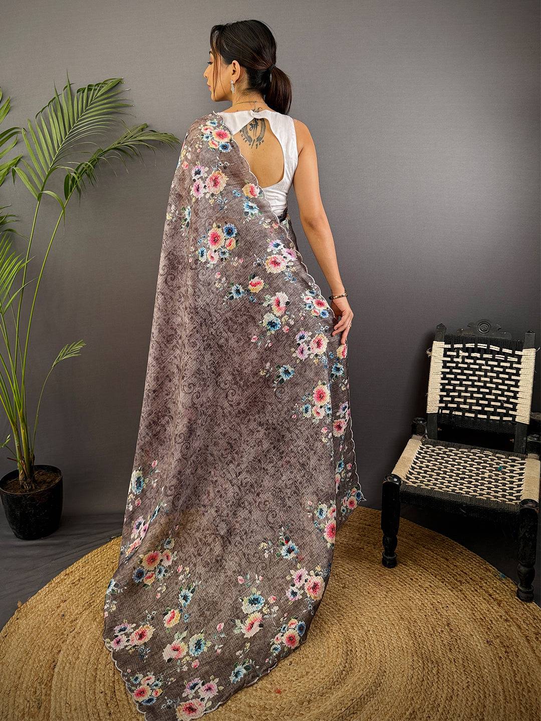 Charcoal Brown Kota Floral Digital Cut Work Saree
