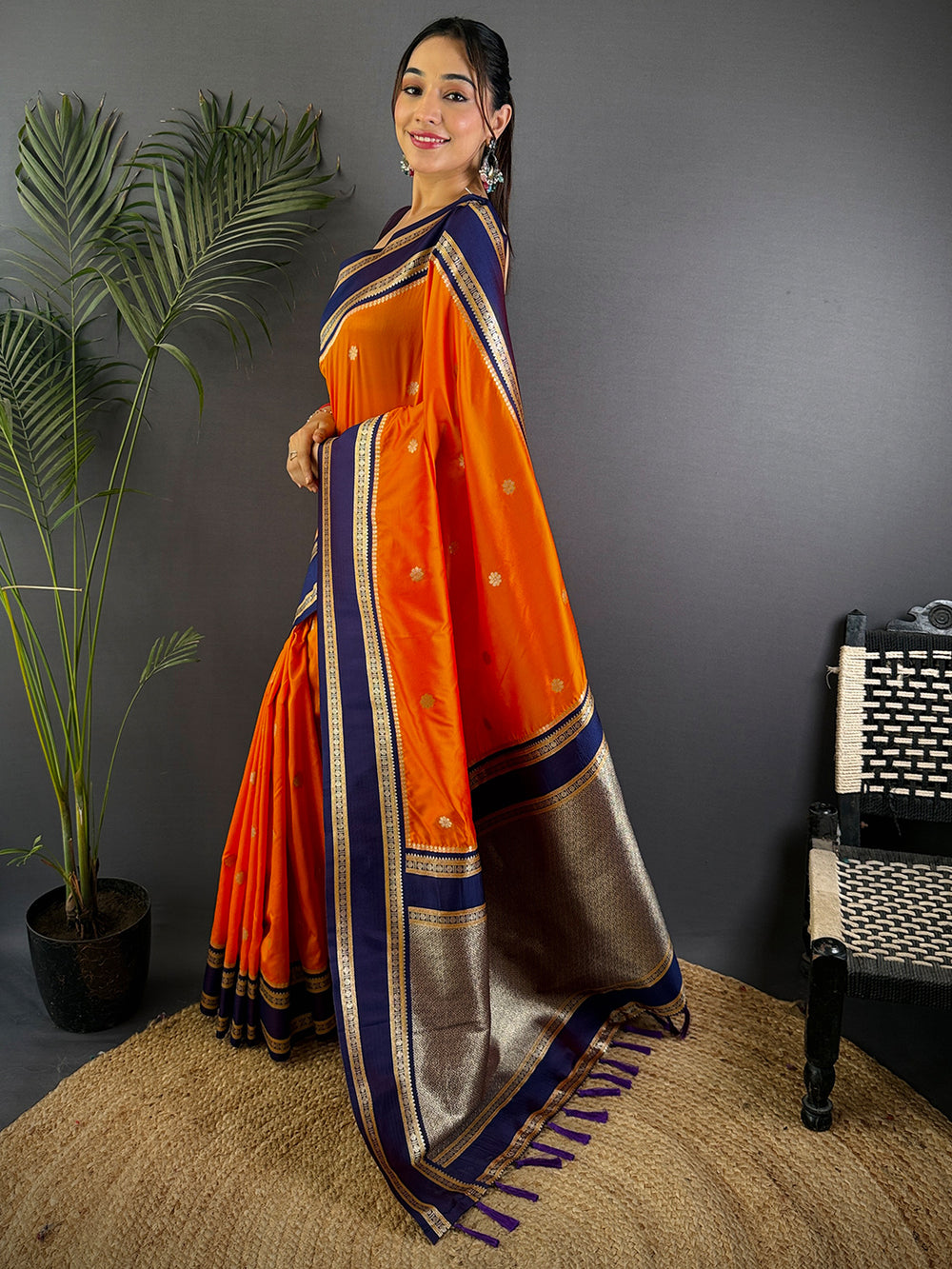 Orange Soft Silk Floral Butta Saree