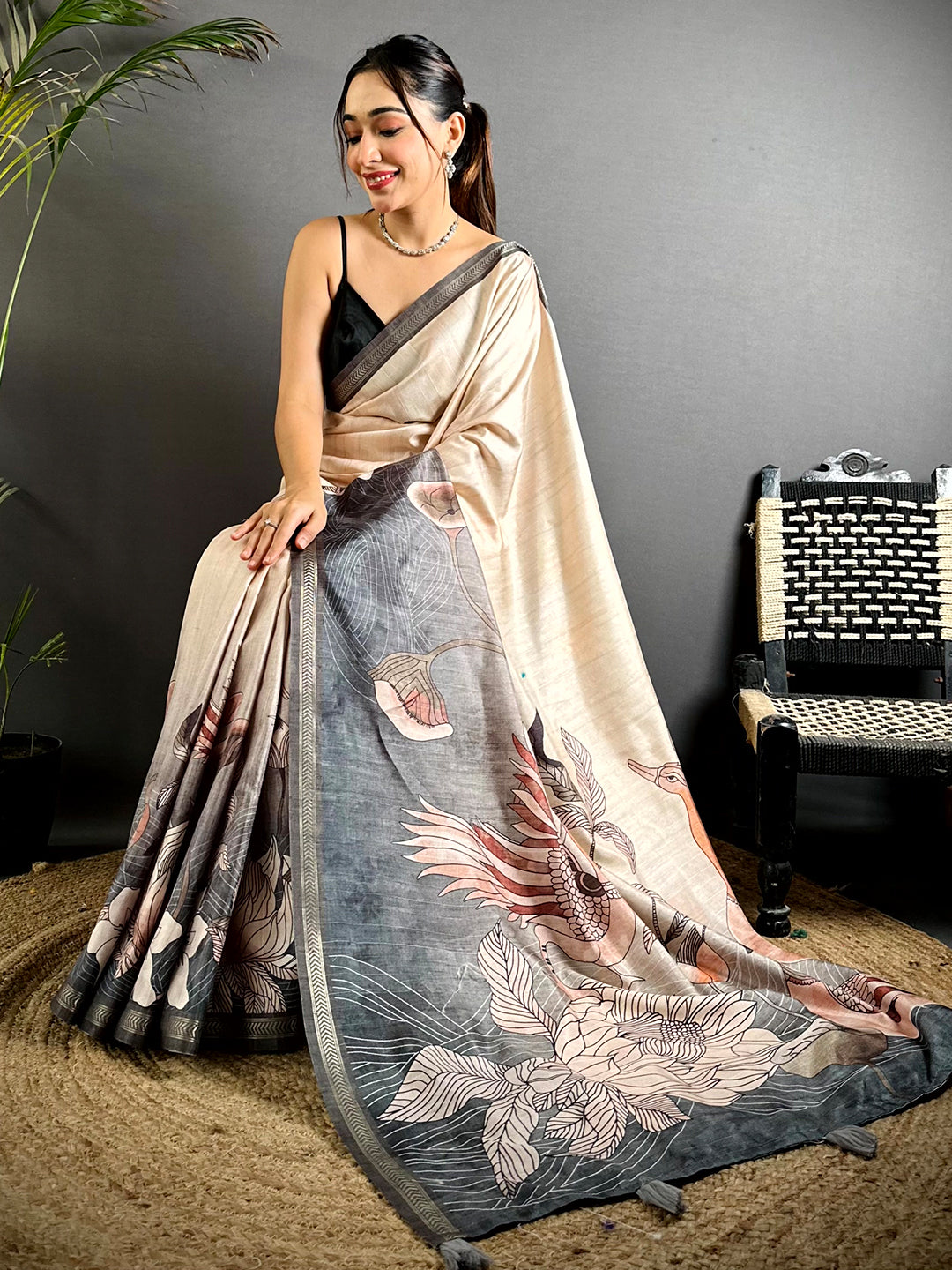 Ivory Tussar Ghicha Floral Fusion Saree