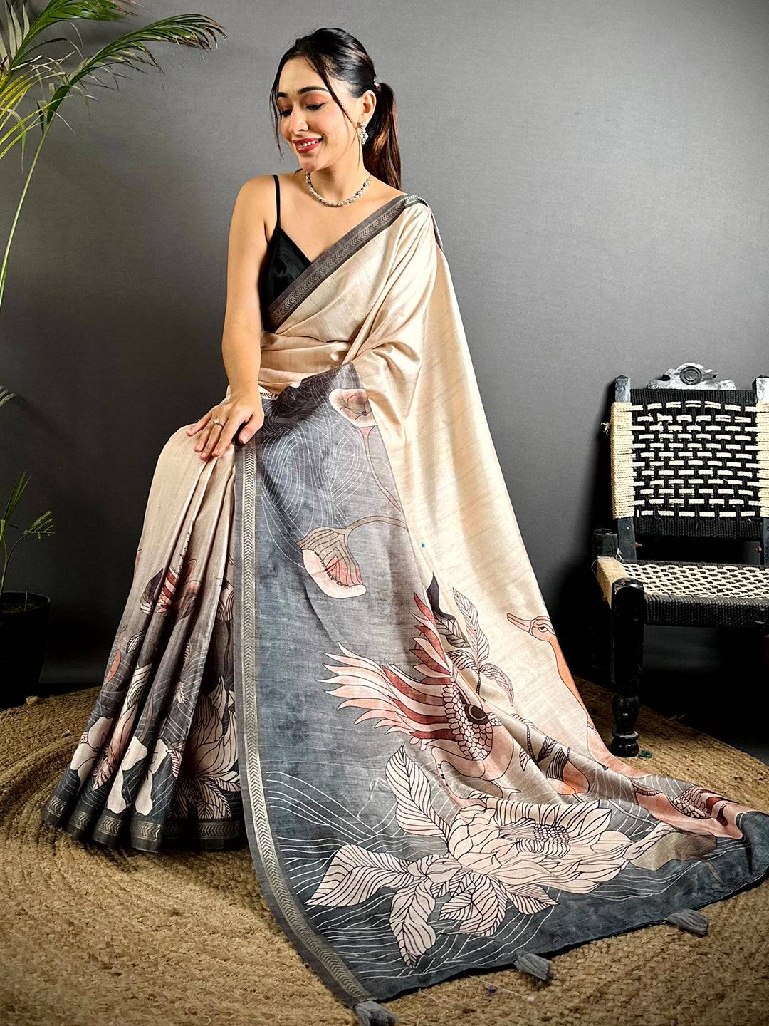 Ivory Tussar Ghicha Floral Fusion Saree