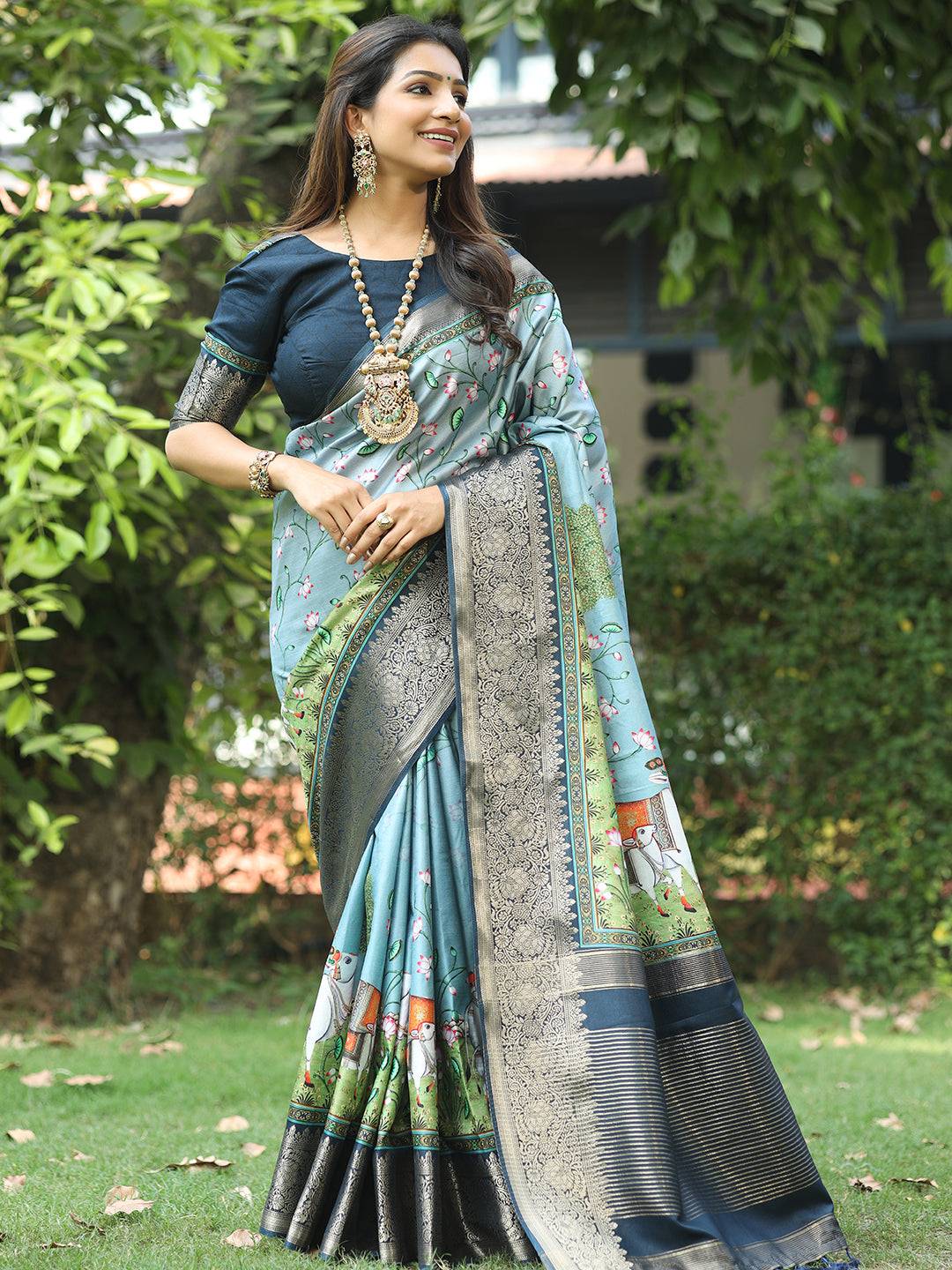 Pichwai Print Zari Weaving Pallu Saree In Sky Blue Colour