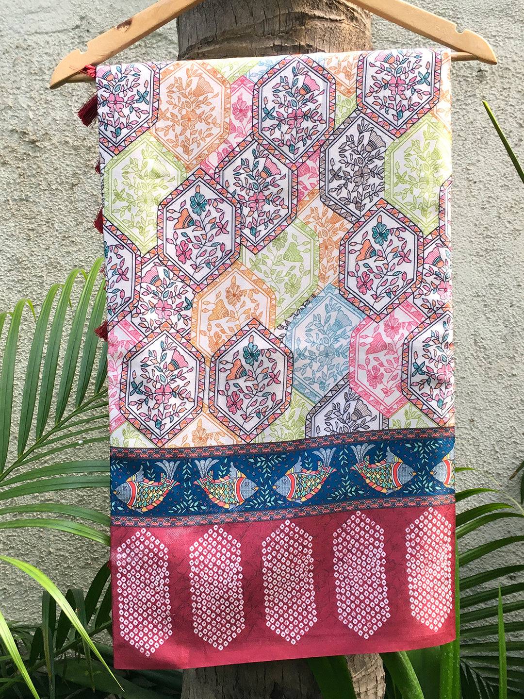 Multi Madhubani digital print saree with vibrant hexagonal patterns