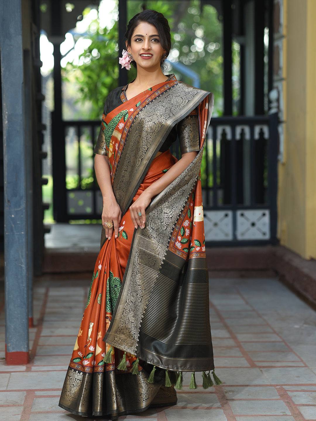 Pichwai Print Zari Weaving Pallu Saree In Brown Colour