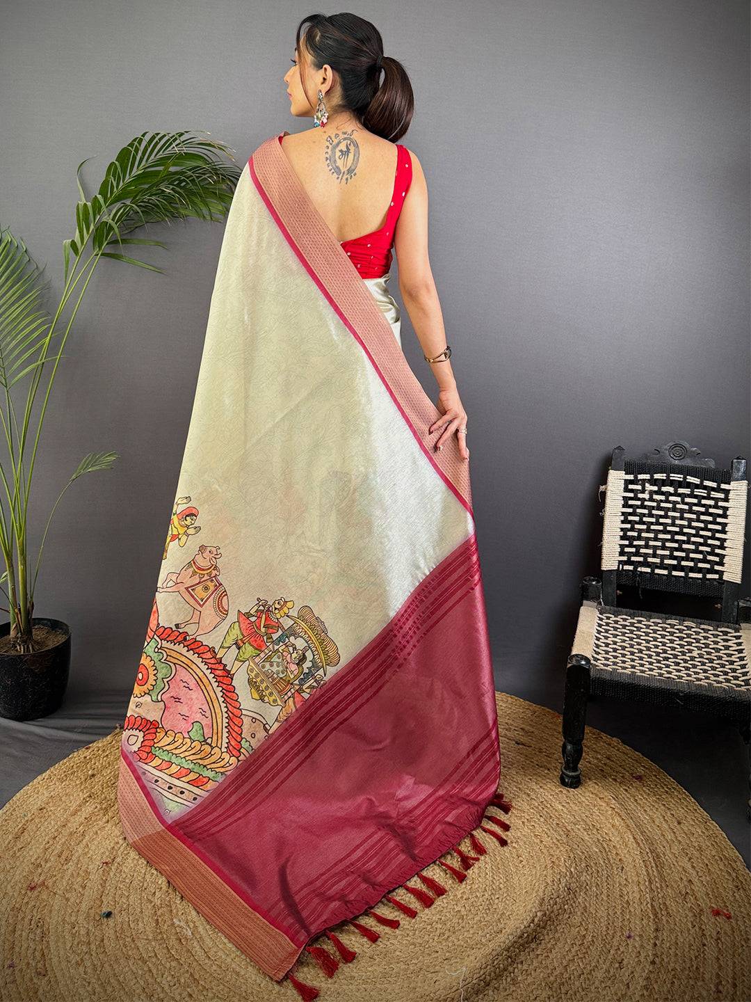 Pista Tussar Silk Kalamkari Print Saree