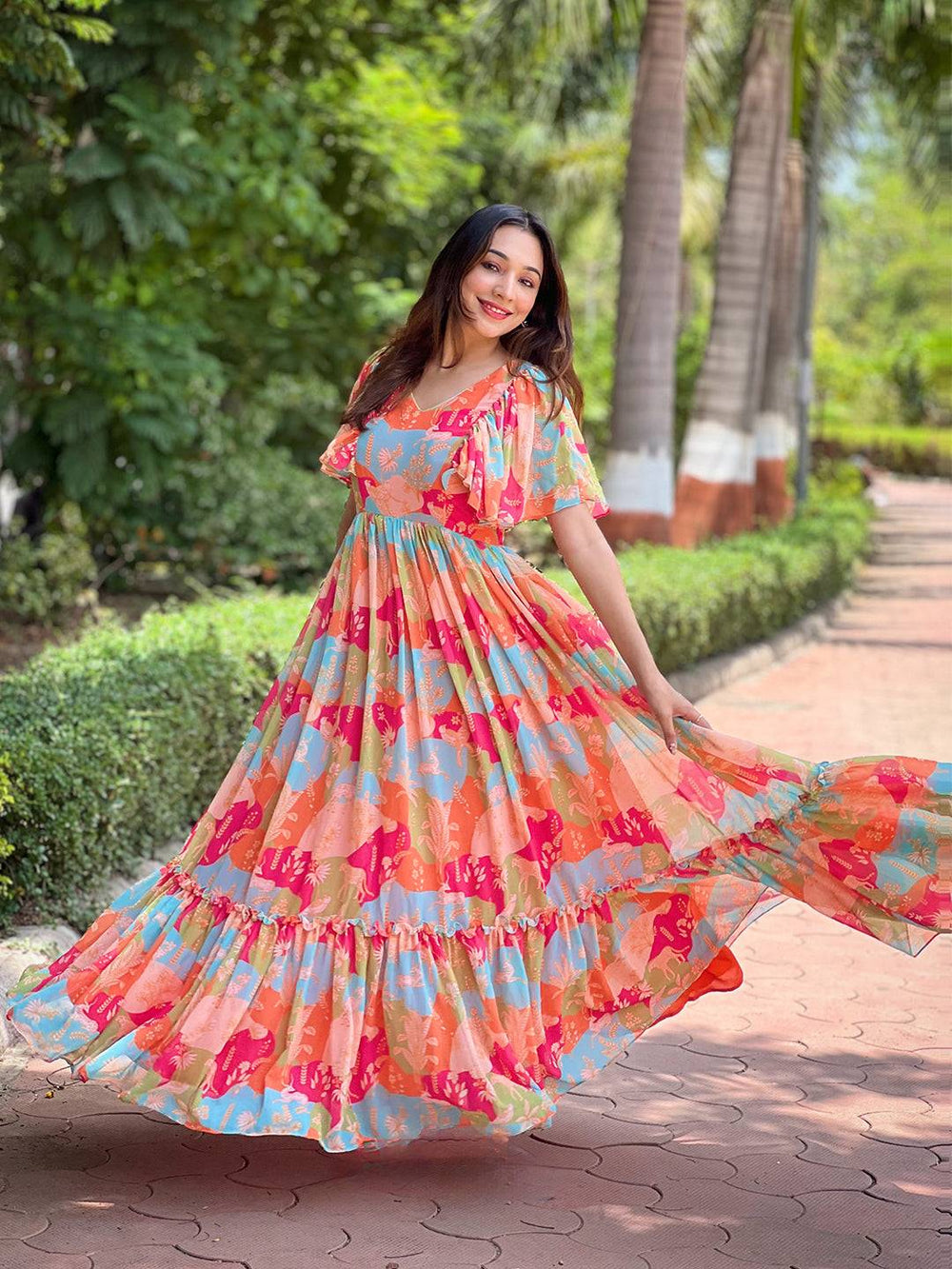 Model posing in Floral Flared Multi Colour Flary Dress