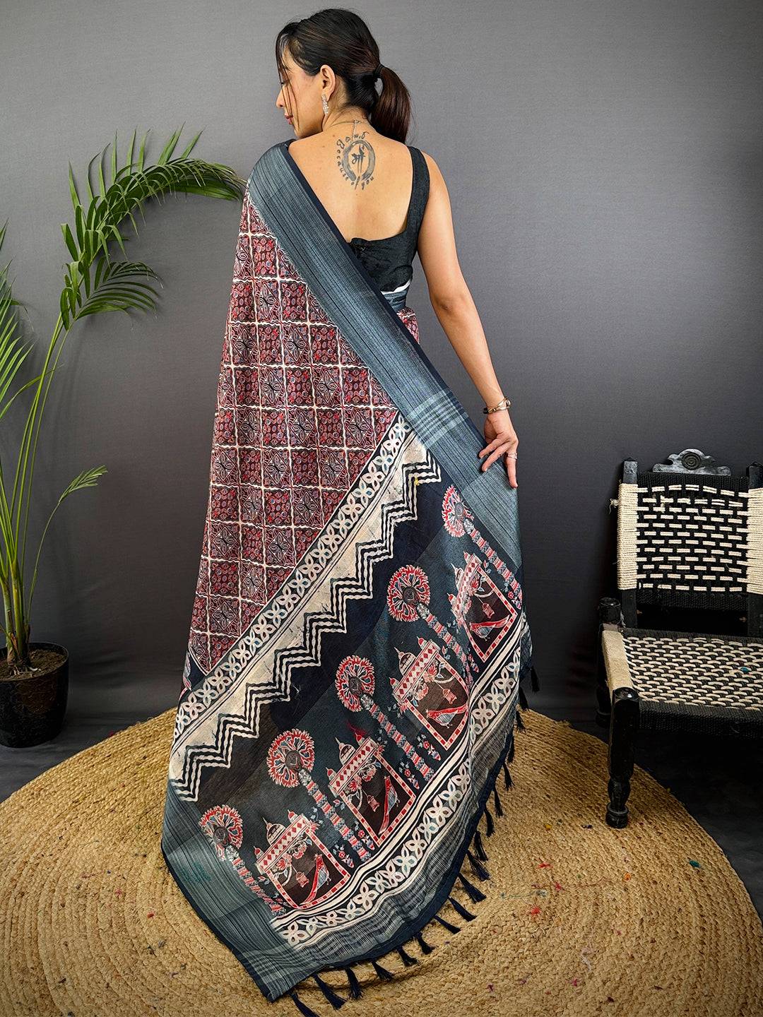 Multi Linen Block Kalamkari Print Saree