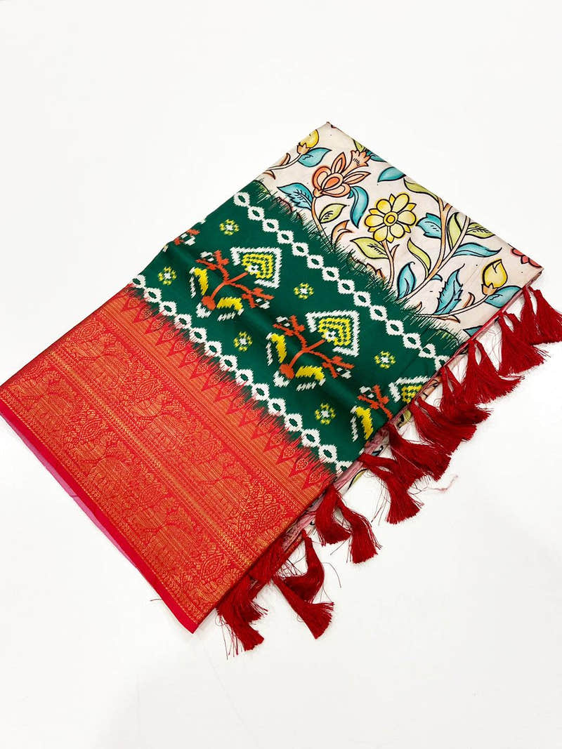 Light Cream Floral Banarasi Silk Saree