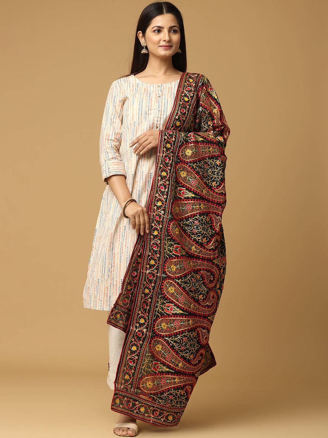 Elegant black dupatta showcasing detailed pashmina embroidery