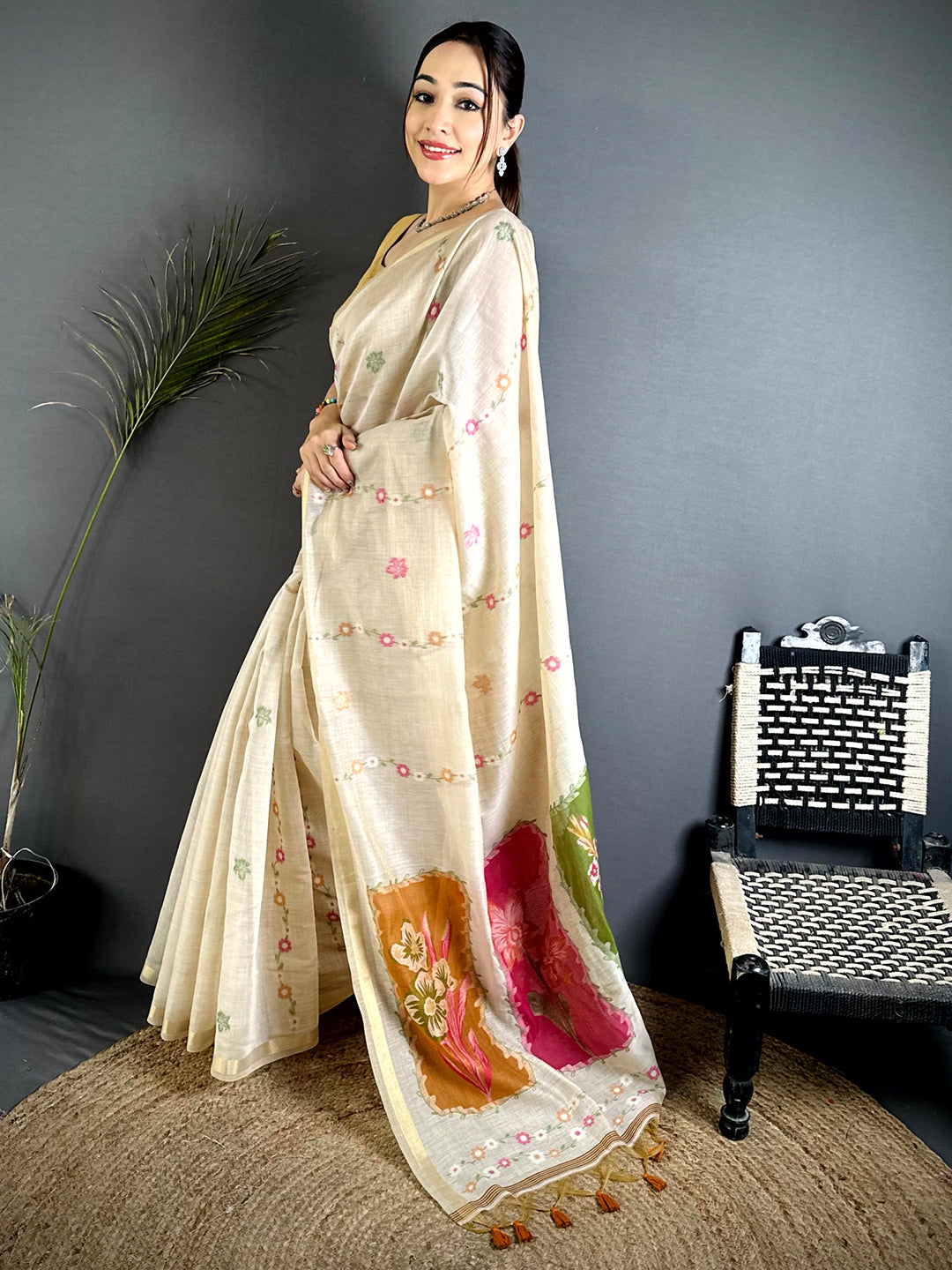 Jharokha Jamdani Cotton Linen Saree