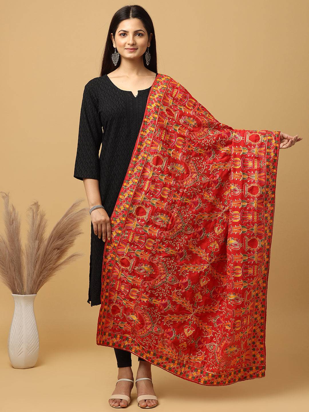 Red Poly Chiffon Pashmina Dupatta with Threadwork