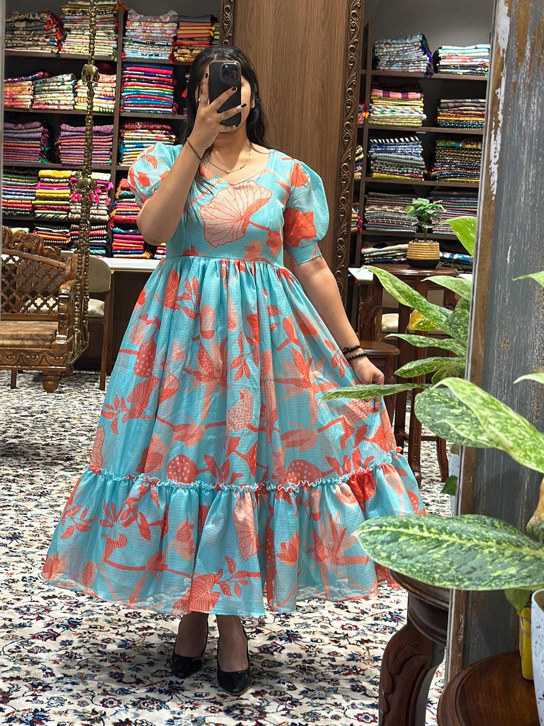 Sea Blue Floral Print Dress with puff sleeves