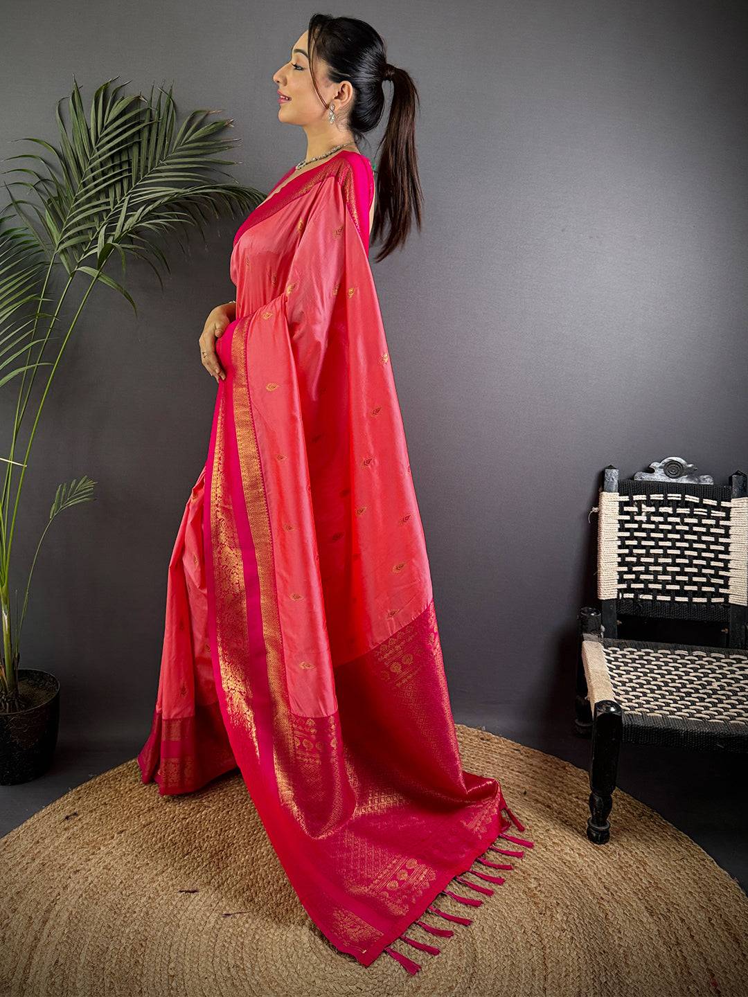 Rose Pink Satin Bentex Soft Silk Saree