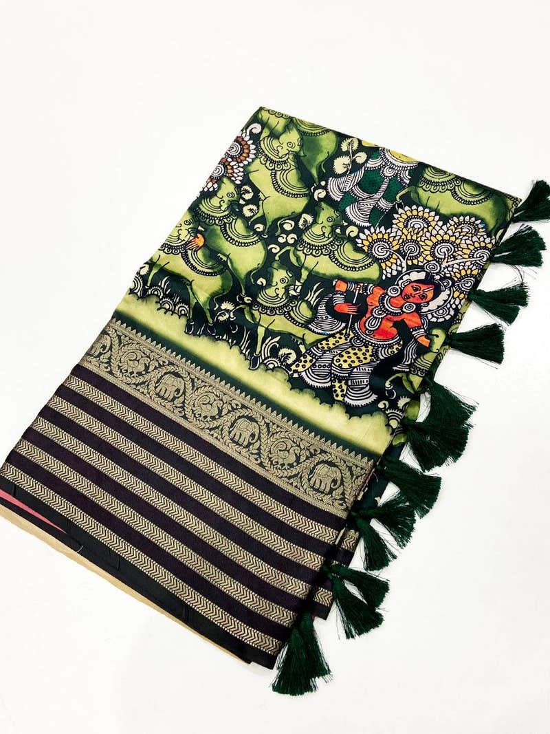 Parrot Green Kalamkari Printed Banarasi Saree