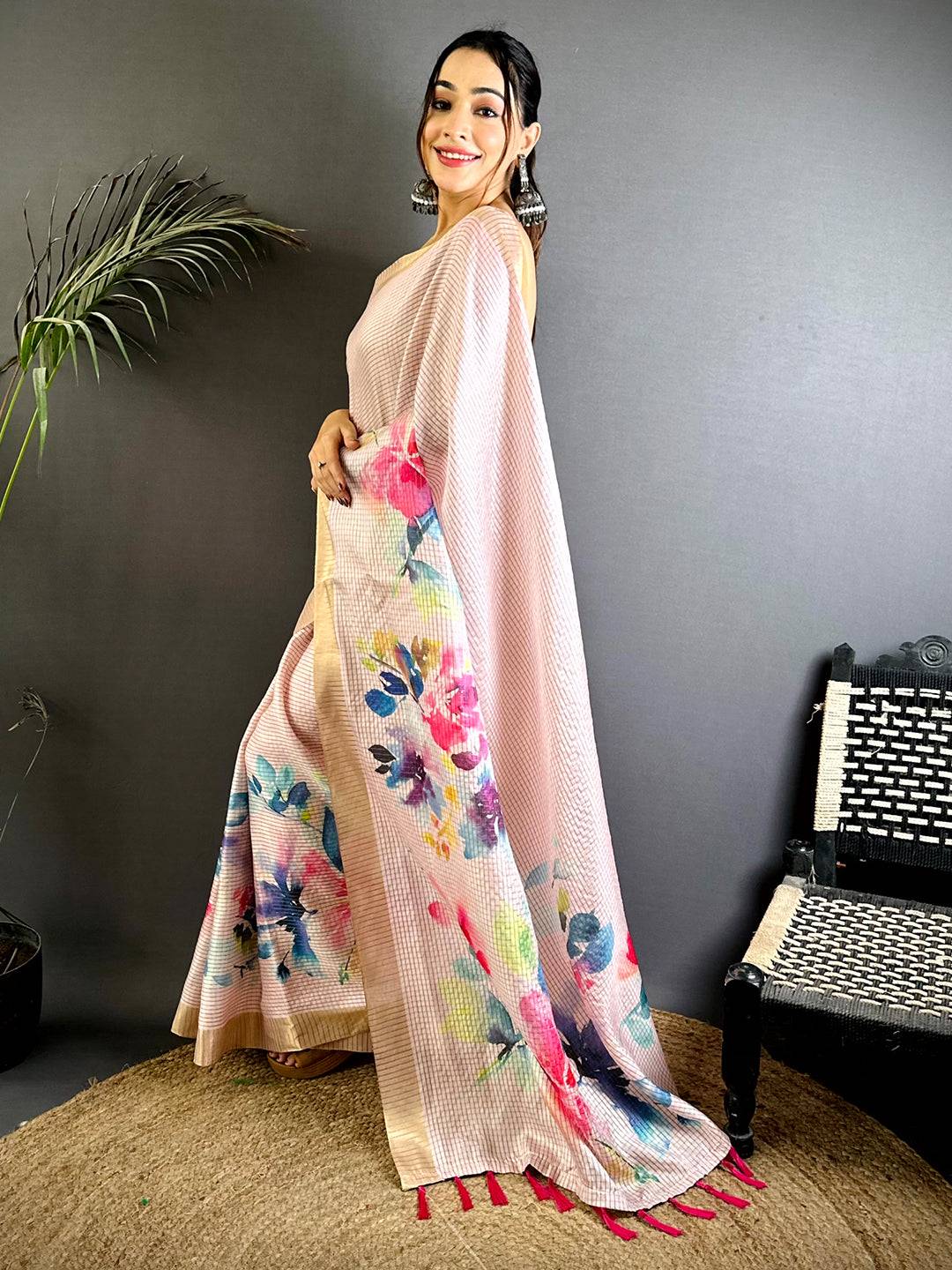 Pink Bloom Tussar Black Chex Saree