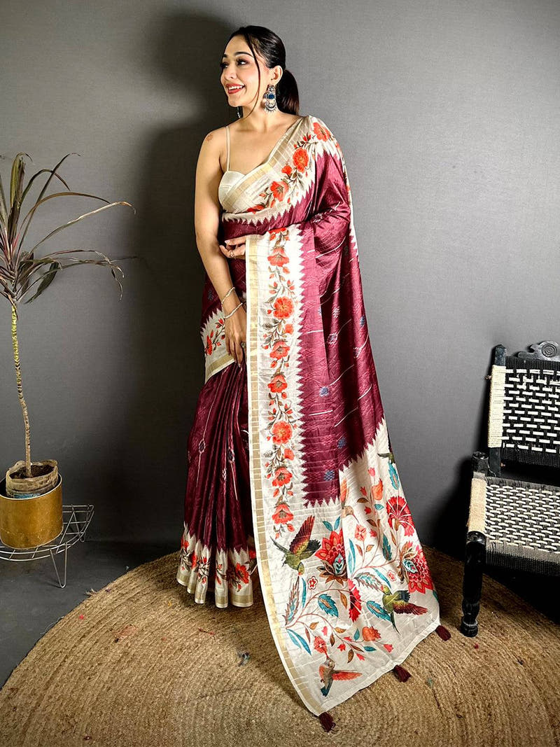 Classic Ghicha Silk Printed Tussar Saree