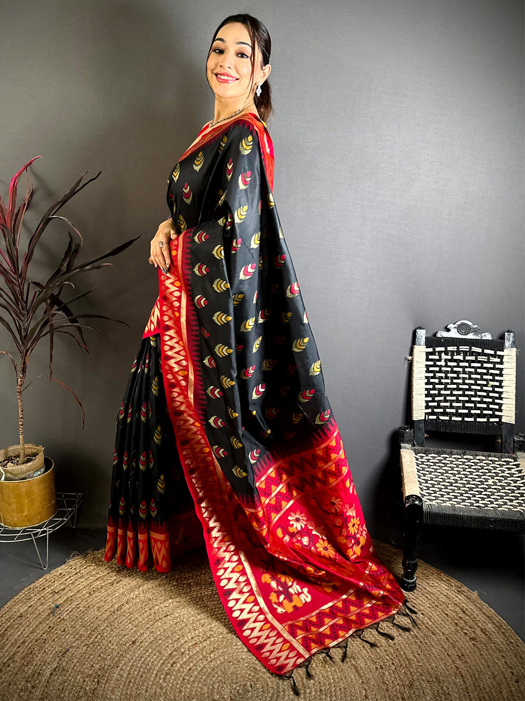 Black Ikkat Minakari Soft Silk Saree
