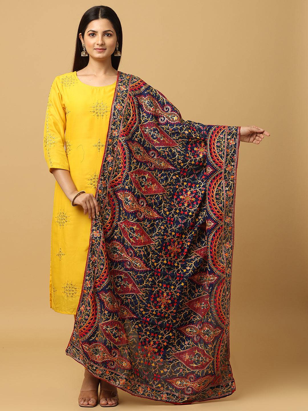 Navy Poly Chiffon Pashmina Dupatta with intricate threadwork