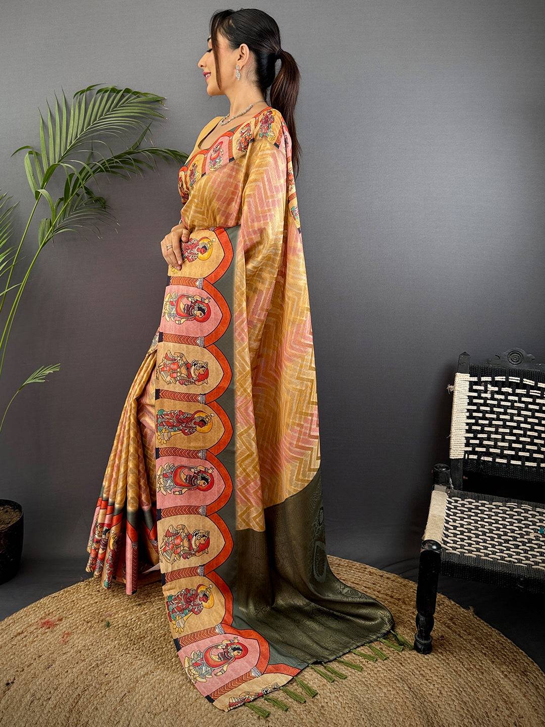 Mustard Yellow Madhubani Print Soft Silk Saree