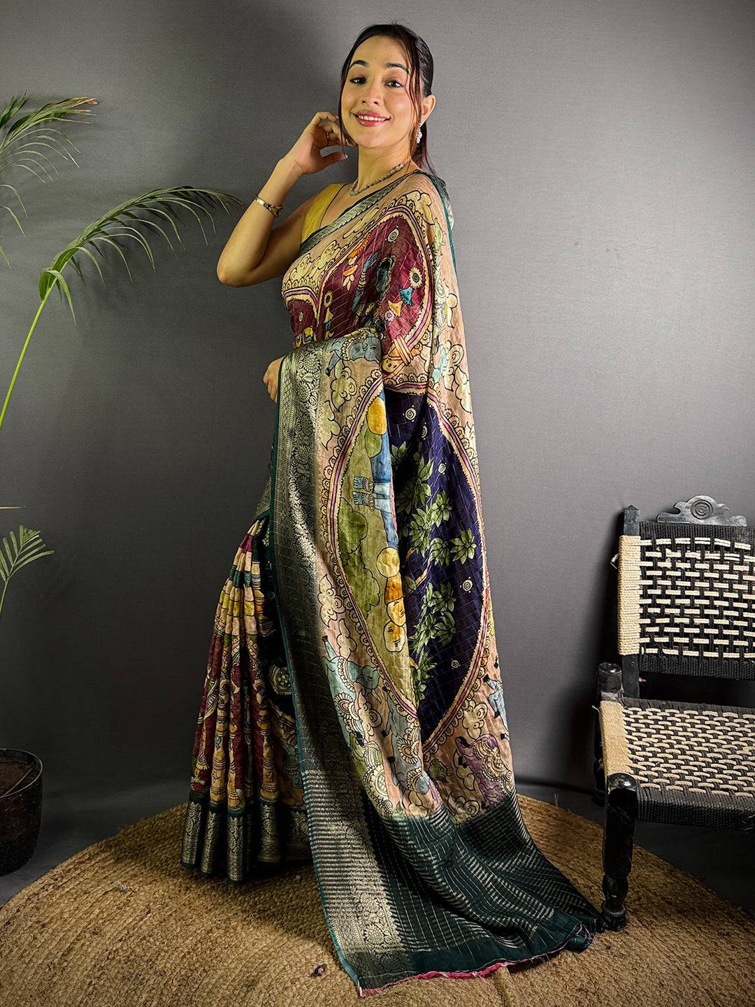 Navy Blue Pure Viscose Kalalmkari Print Saree